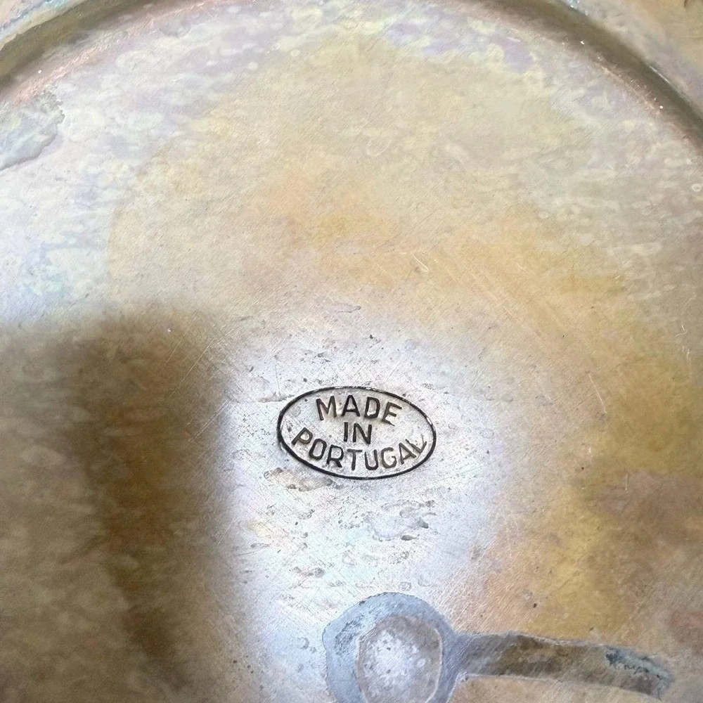 Vintage Portugal Copper Fondue Pot Set with Wood Handle and Underplate 10 inch